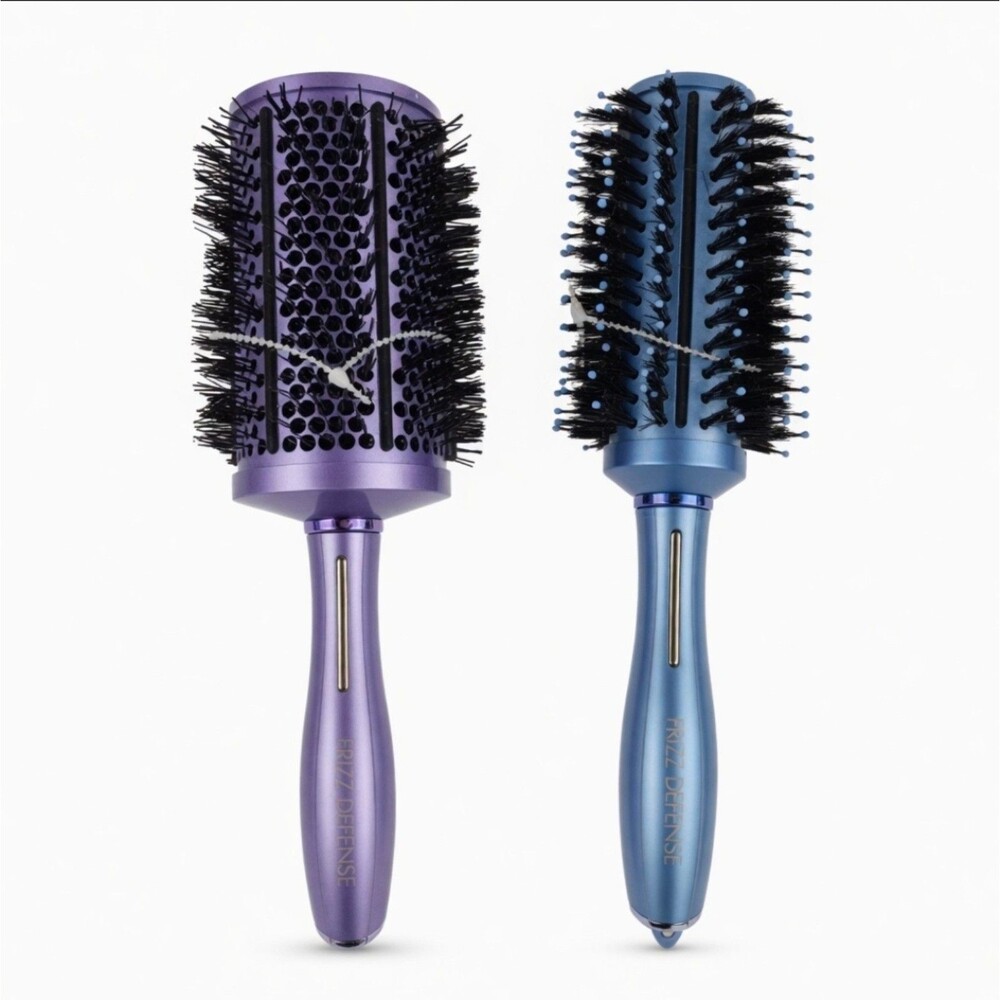 Frizz Defense Round Brush Set 2pc Like New Purple Blue Boar Bristle Blowout Duo